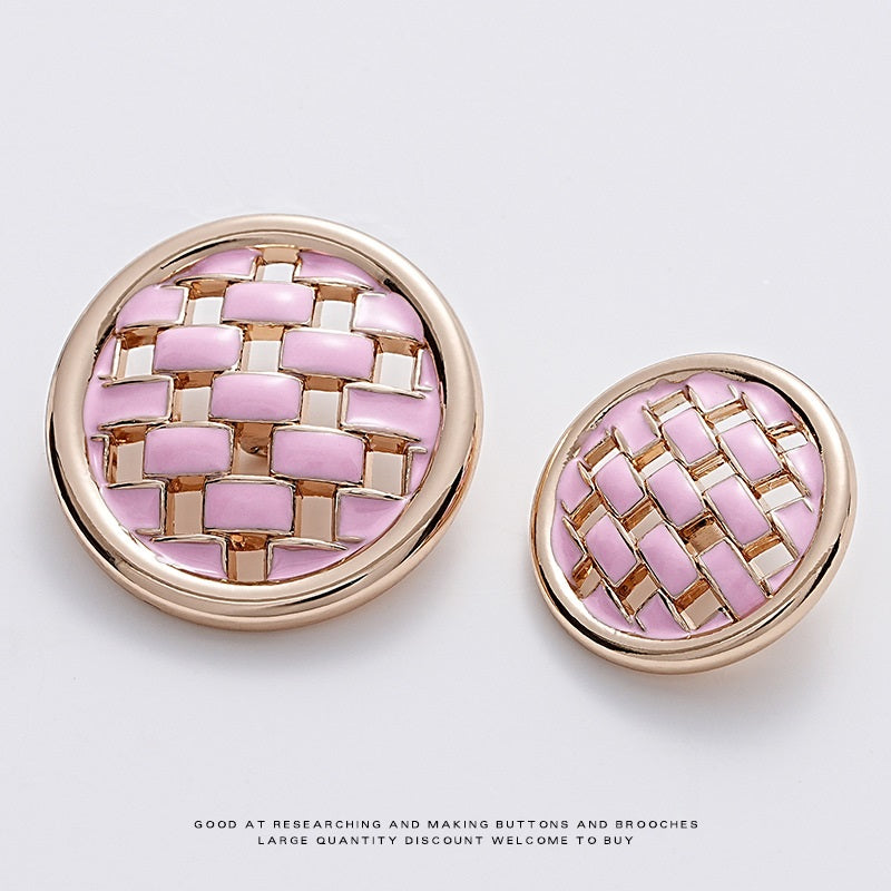 Pink and Black Woven Grid Oiled Metal Clothing Button 5pcs - Lots of Buttons
