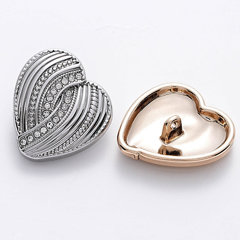 Heart-Shaped Diamond-Inlaid Striped Gold Fashion Metal Button 10pcs - Lots of Buttons