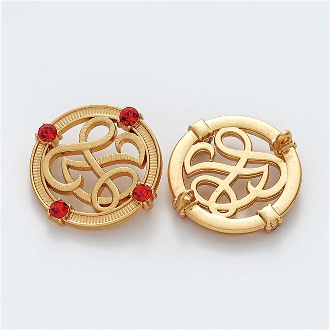 23mm Chinese Red Diamond Round Hollow Hand-Sewn Metal Button 5pcs - Lots of Buttons