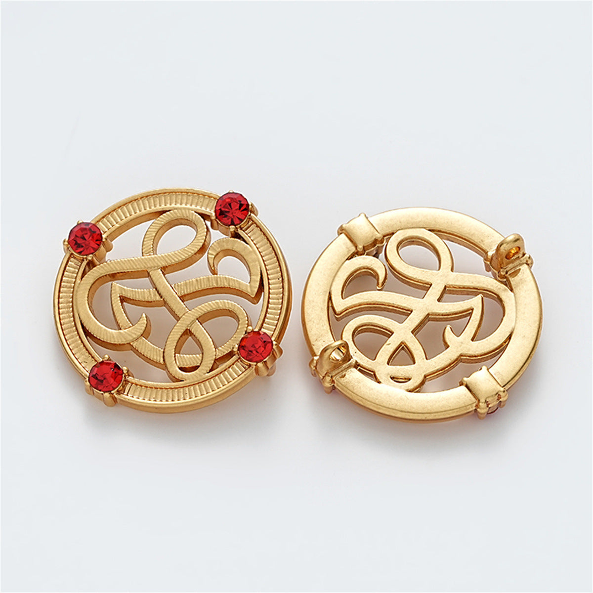 23mm Chinese Red Diamond Round Hollow Hand-Sewn Metal Button 5pcs - Lots of Buttons