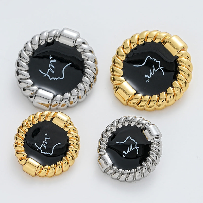 Black Oiled Beauty Head Pattern Rope Edge Metal Button 10pcs - Lots of Buttons