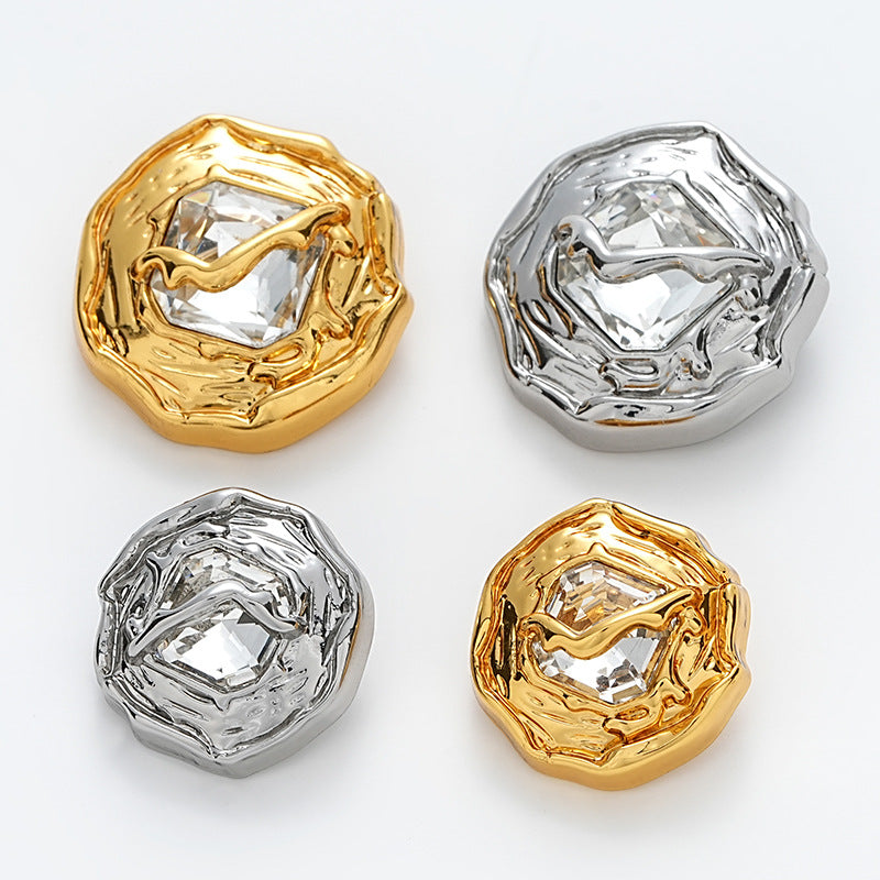 Wrinkled Surface Diamond-Inlaid Gold Silver Metal Button 10pcs - Lots of Buttons