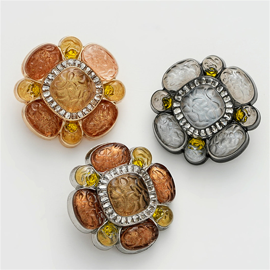 High-End Floral Diamond-Inlaid Resin Metal Button with Handle 3pcs - Lots of Buttons