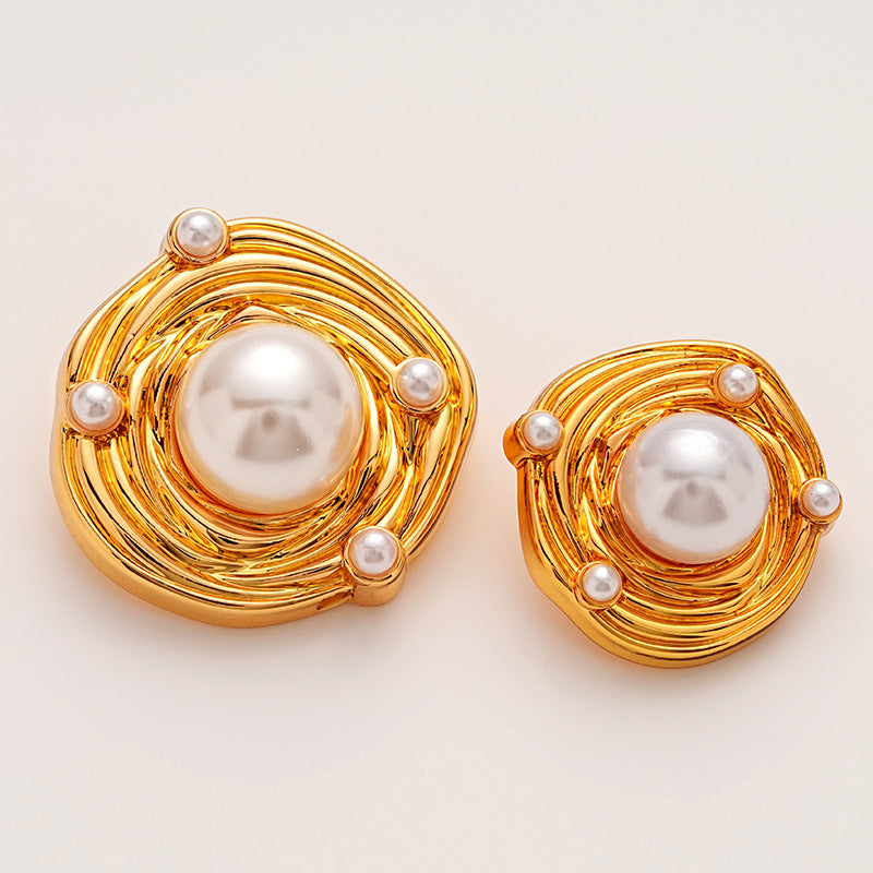 Irregular Gold Metal Button Embedded with Large Small Pearls 6pcs - Lots of Buttons