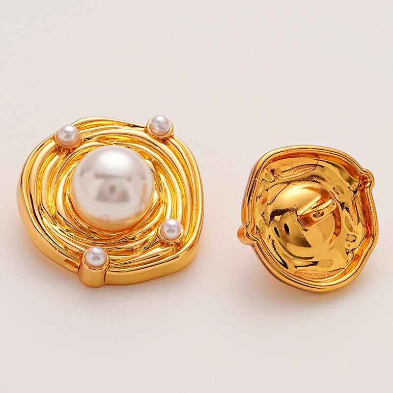 Irregular Gold Metal Button Embedded with Large Small Pearls 6pcs - Lots of Buttons