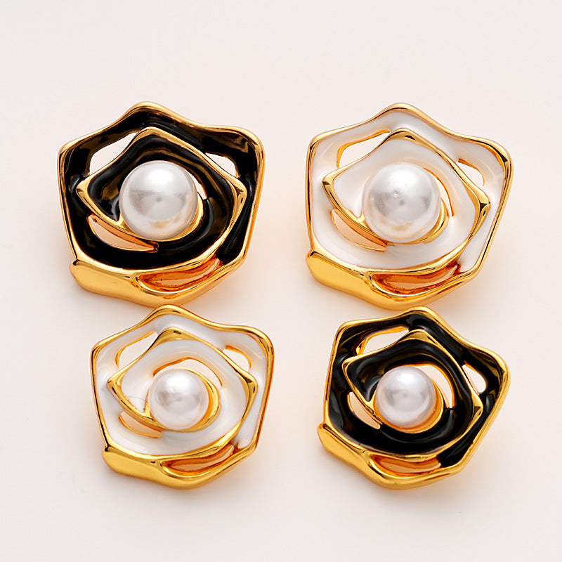 Gold Hollow Enamel Irregular Camellia Pearl Metal Button 5pcs - Lots of Buttons