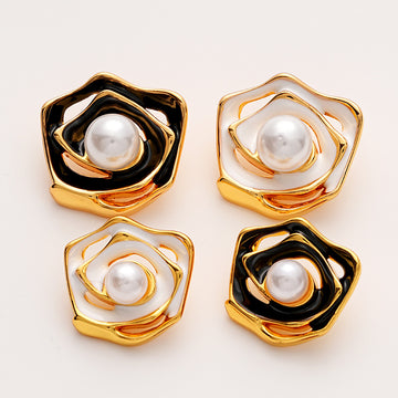 Gold Hollow Enamel Irregular Camellia Pearl Metal Button 5pcs - Lots of Buttons