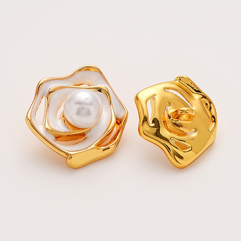 Gold Hollow Enamel Irregular Camellia Pearl Metal Button 5pcs - Lots of Buttons