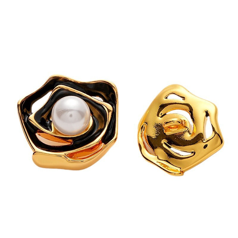 Gold Hollow Enamel Irregular Camellia Pearl Metal Button 5pcs - Lots of Buttons