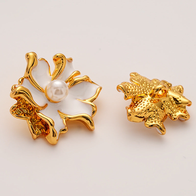 Six-Petal Flower Pearl Decorated Metal Button with Shank 5pcs - Lots of Buttons