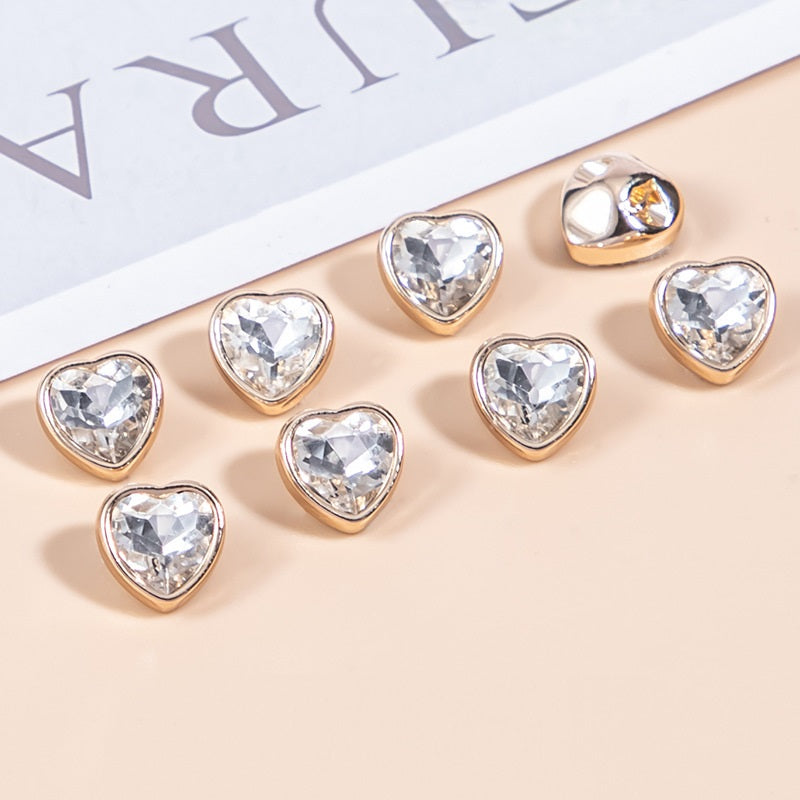 10mm Heart-Shaped Crystal Glass and Metal Shirt Buttons 35 Pack - Lots of Buttons
