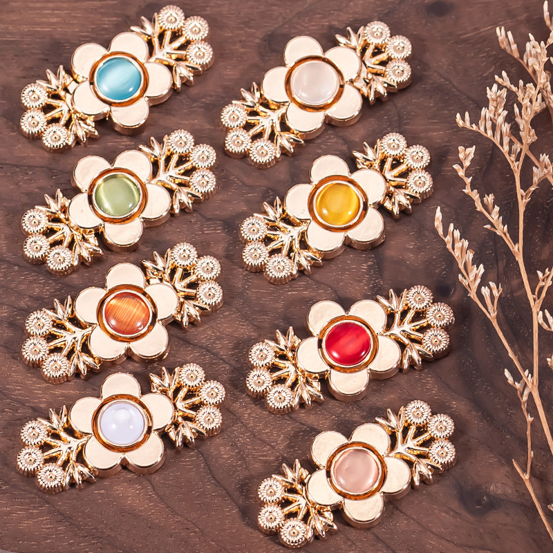 Chinese Cat's Eye Stone Branch Flower Hanfu Metal Lock Button 8 Pack - Lots of Buttons