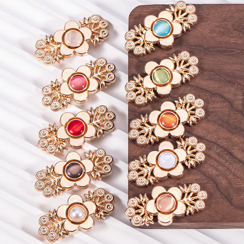 Chinese Cat's Eye Stone Branch Flower Hanfu Metal Lock Button 8 Pack - Lots of Buttons