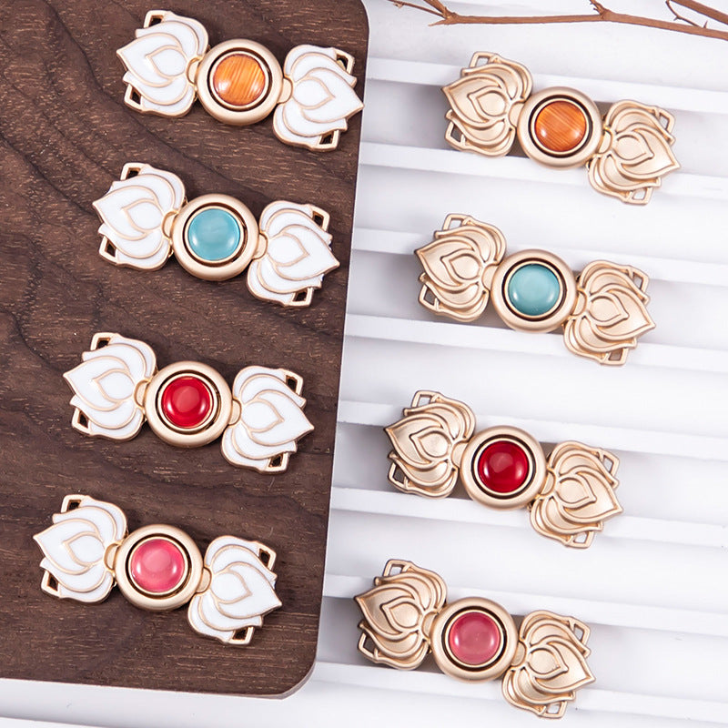 Chinese Cat's Eye Stone Lotus Hanfu Metal Frog Closure 8 Pack - Lots of Buttons