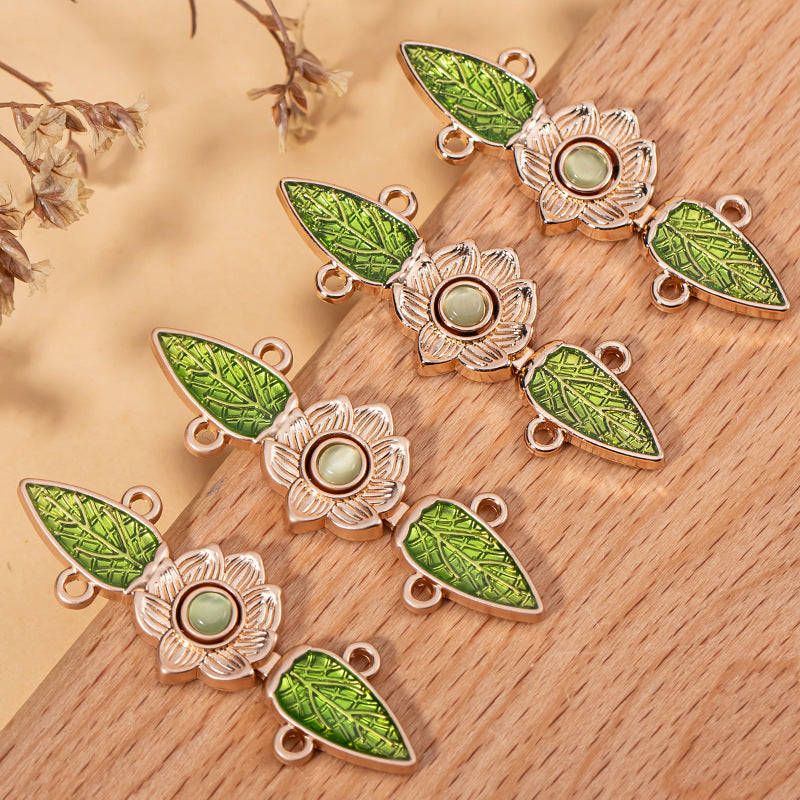 Chinese Style Cat's Eye Stone Green Leaf Hanfu Metal Lock Button 10pcs - Lots of Buttons