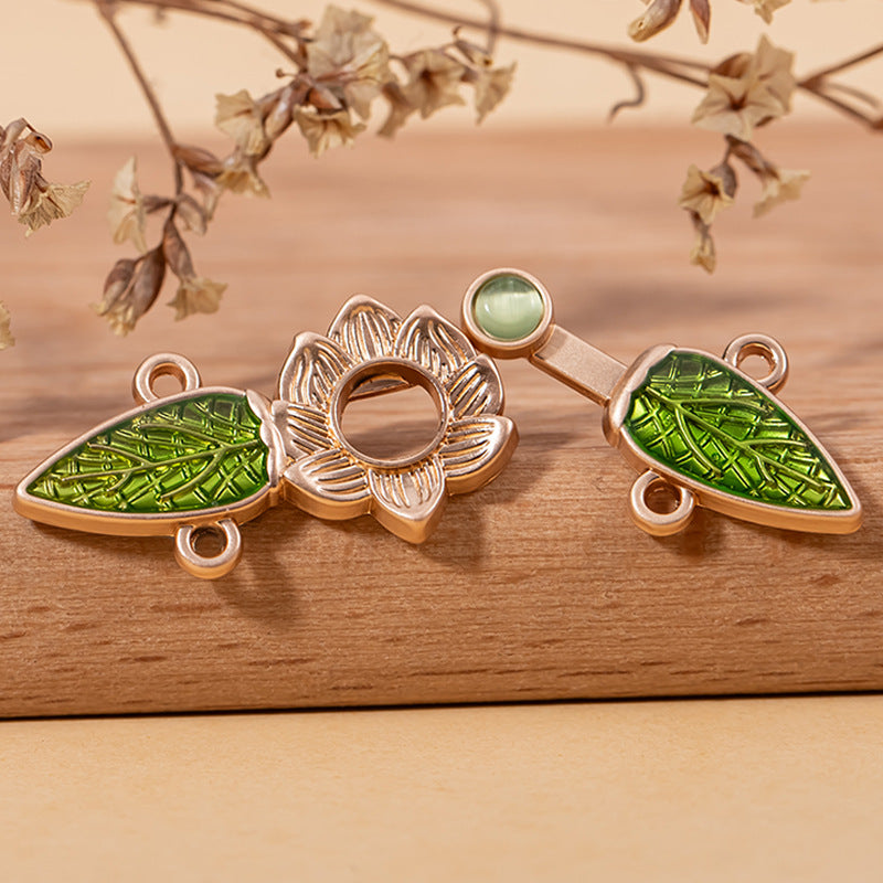 Chinese Style Cat's Eye Stone Green Leaf Hanfu Metal Lock Button 10pcs - Lots of Buttons
