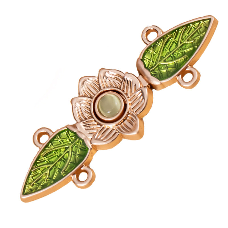Chinese Style Cat's Eye Stone Green Leaf Hanfu Metal Lock Button 10pcs - Lots of Buttons