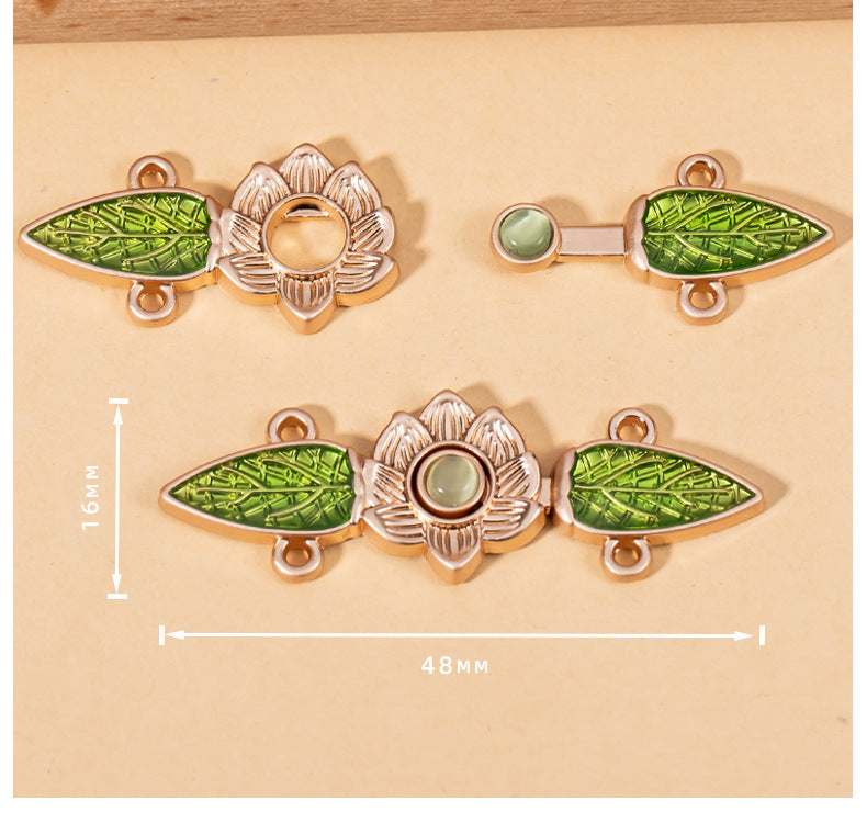 Chinese Style Cat's Eye Stone Green Leaf Hanfu Metal Lock Button 10pcs - Lots of Buttons