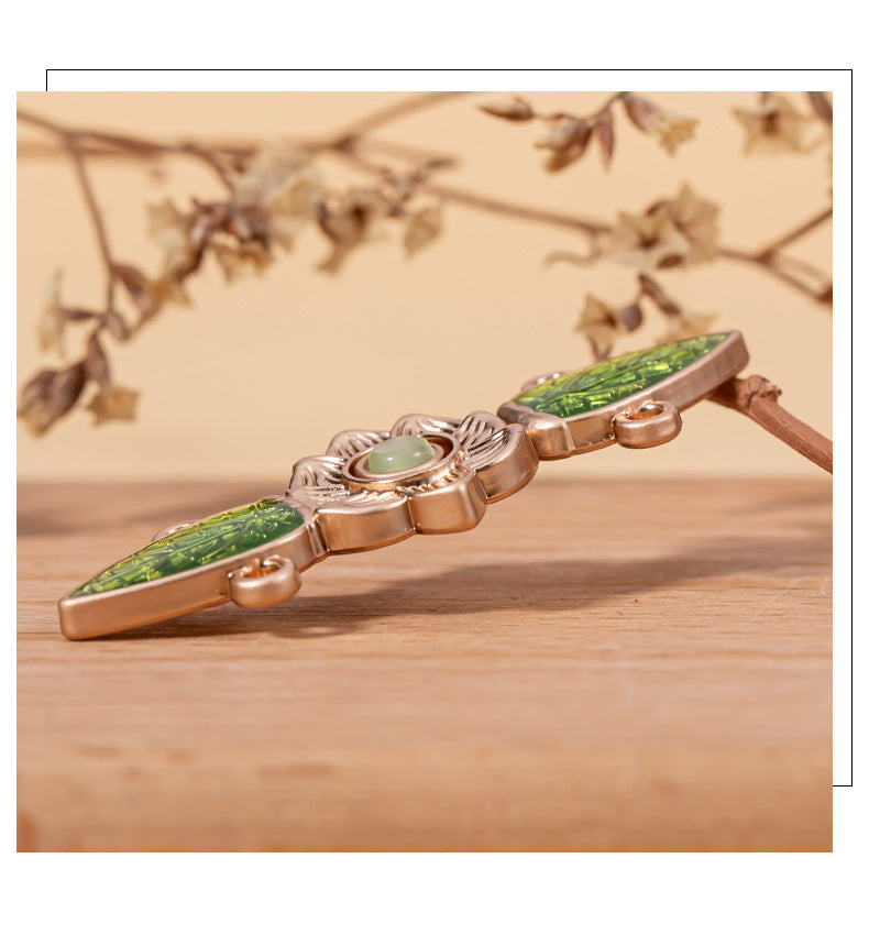 Chinese Style Cat's Eye Stone Green Leaf Hanfu Metal Lock Button 10pcs - Lots of Buttons