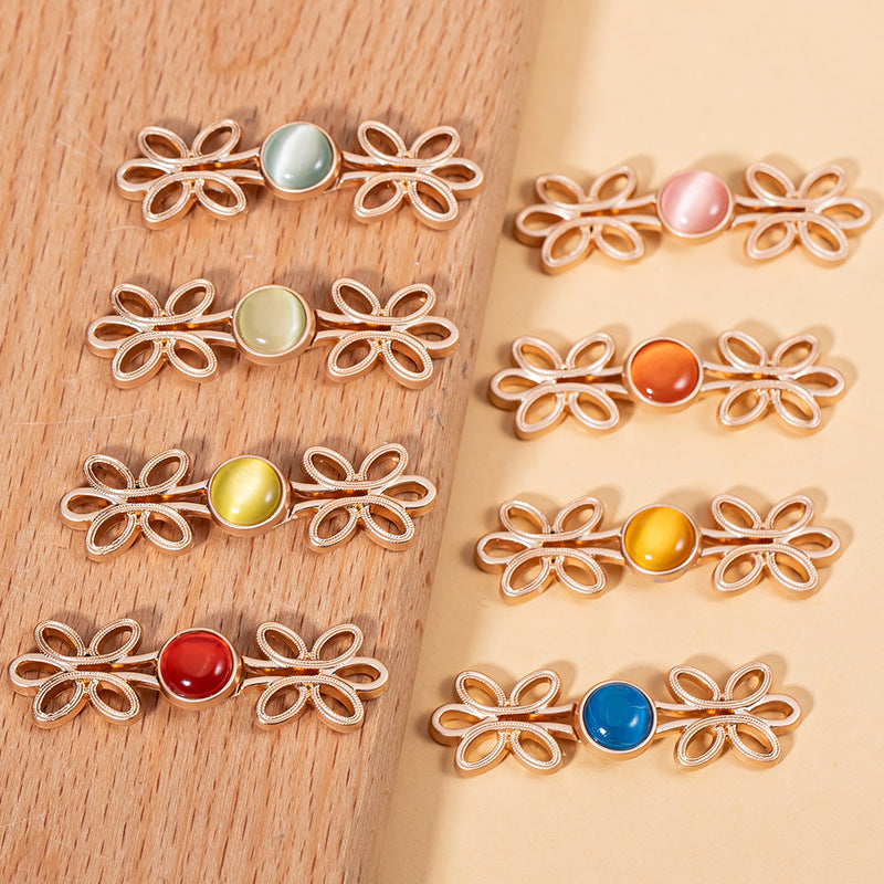 Chinese Five-Leaf Clover Hanfu Metal Lock Button Cat's Eye Stone 8 Color Pack - Lots of Buttons