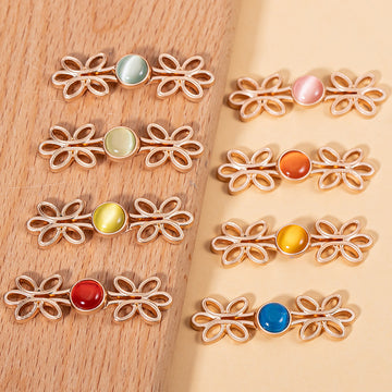 Chinese Five-Leaf Clover Hanfu Metal Lock Button Cat's Eye Stone 8 Color Pack - Lots of Buttons