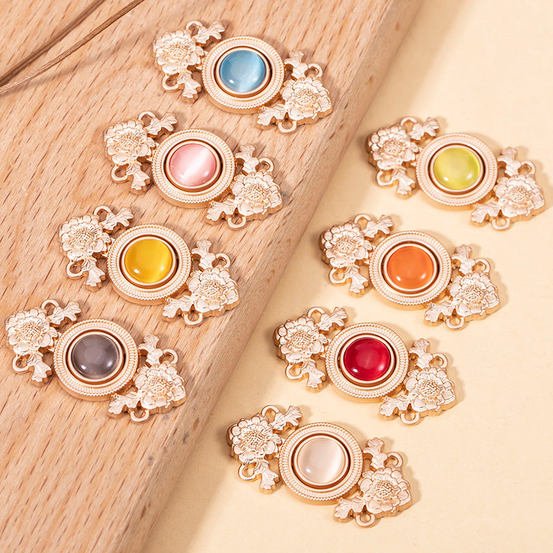 Antique Chinese Lotus Flower Cat's Eye Stone Metal Lock Buttons 8 Pack - Lots of Buttons