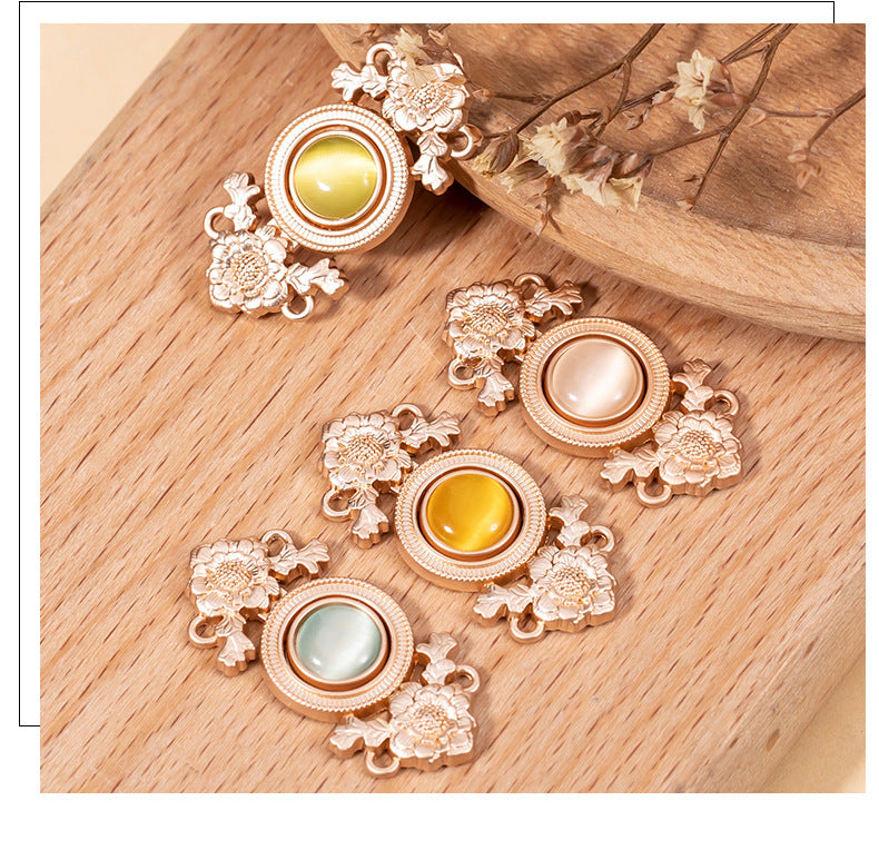 Antique Chinese Lotus Flower Cat's Eye Stone Metal Lock Buttons 8 Pack - Lots of Buttons