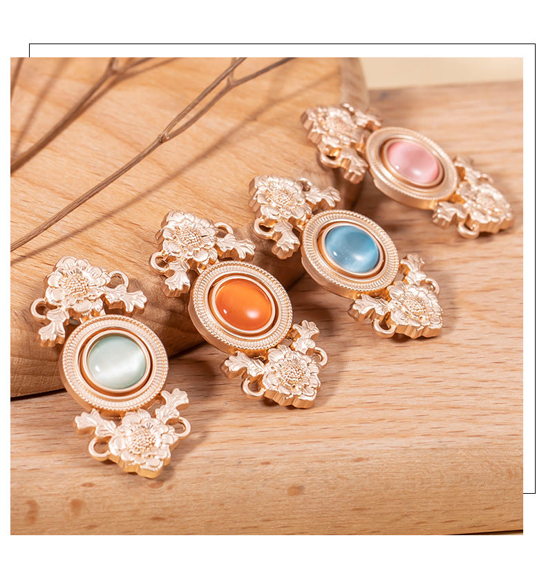 Antique Chinese Lotus Flower Cat's Eye Stone Metal Lock Buttons 8 Pack - Lots of Buttons