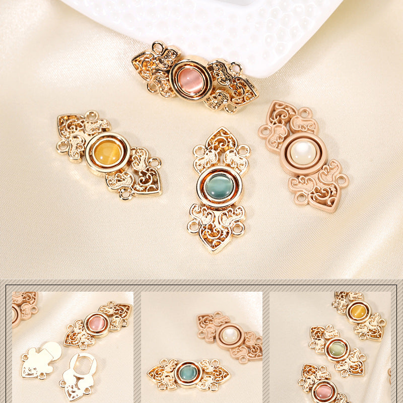 Chinese Hanfu Cheongsam Metal Buttons Light Gold with Cat's Eye Stones 10 Pack - Lots of Buttons