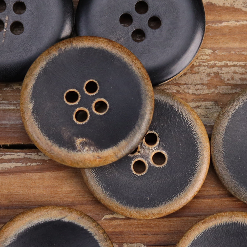 Bottoni Vintage a Forma di Ciotola con Quattro Fori in Corno Nero Lucido, Confezione da 25