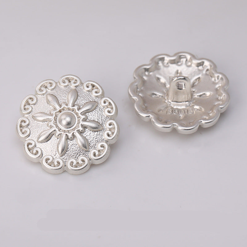 Frosted silver domed floral metal shank button, scrollwork and flower center