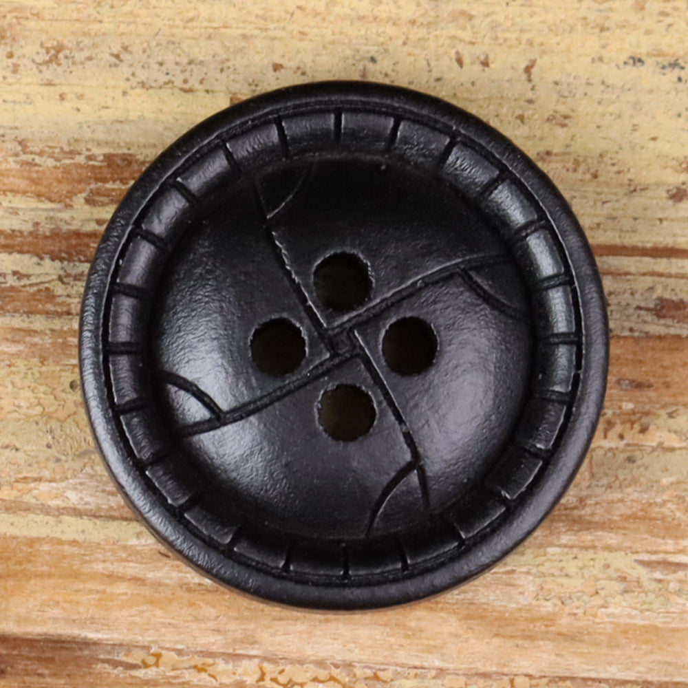 Brown round 4-hole distressed wood button with raised rim