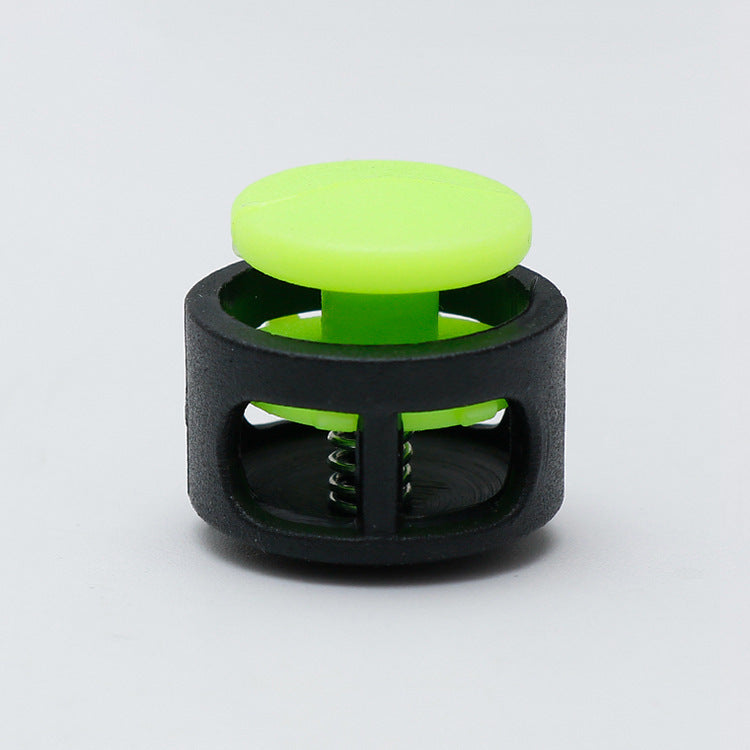 17mm plastic cord lock spring stopper with lime green button and black frame