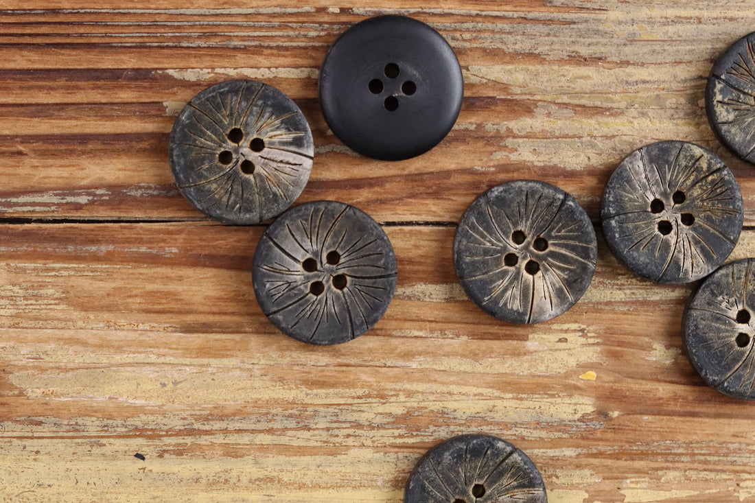 Black Charred Natural Buffalo Horn Round 4-Hole Plum Blossom Texture Buttons – Set of 20