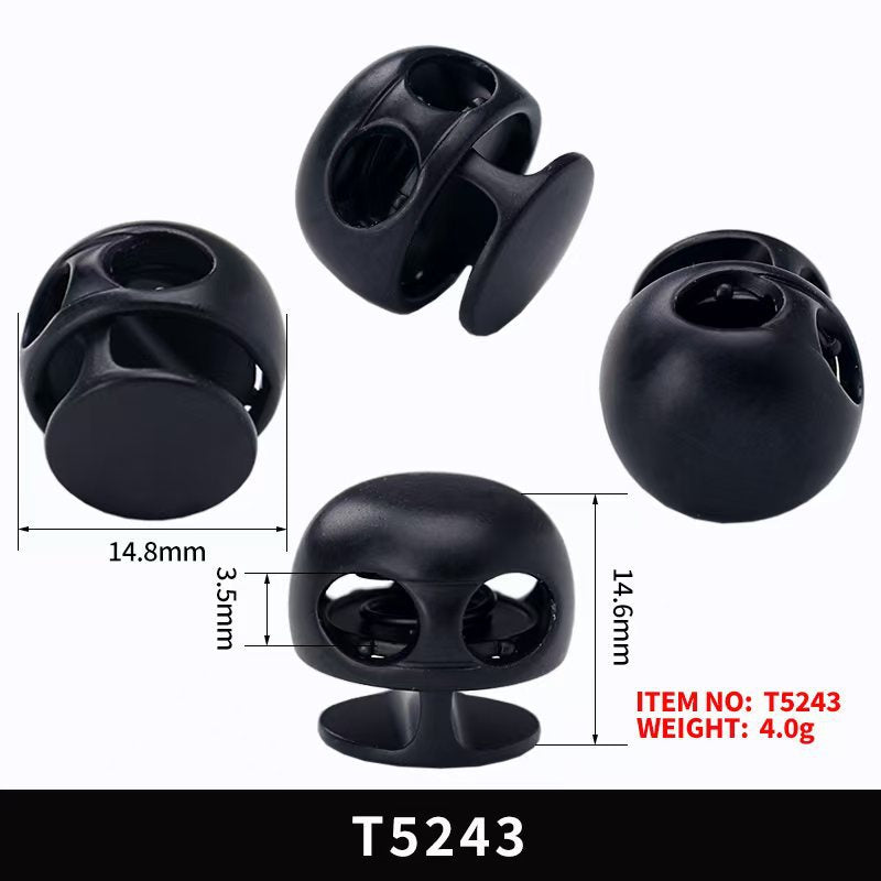 Black ball-shaped metal spring toggle stopper, size view with dimensions shown