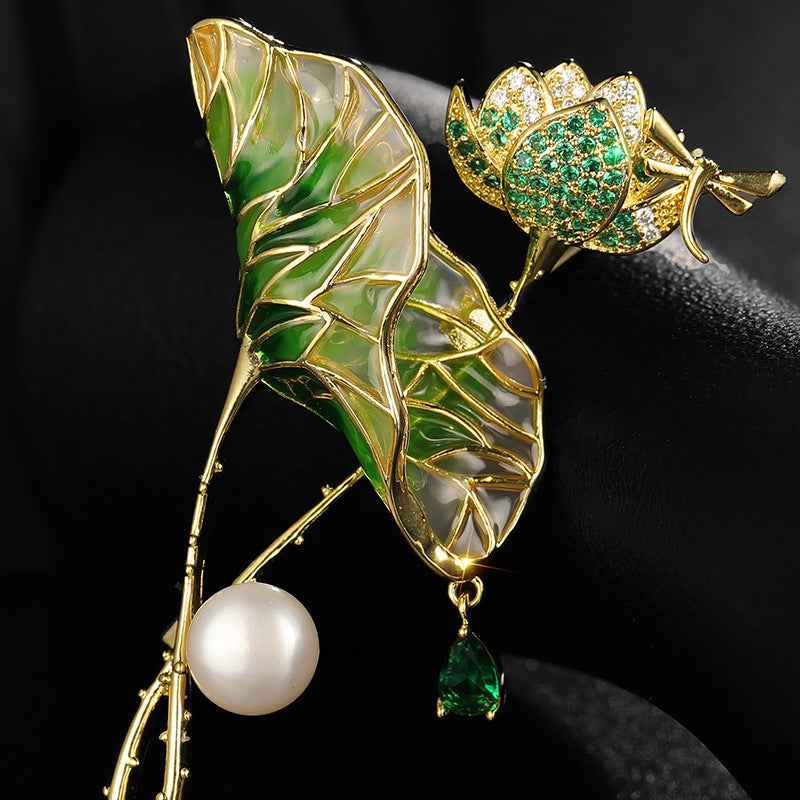 Light Green Enamel Lotus Leaf Pearl Waterdrop Zircon Brooch Pin