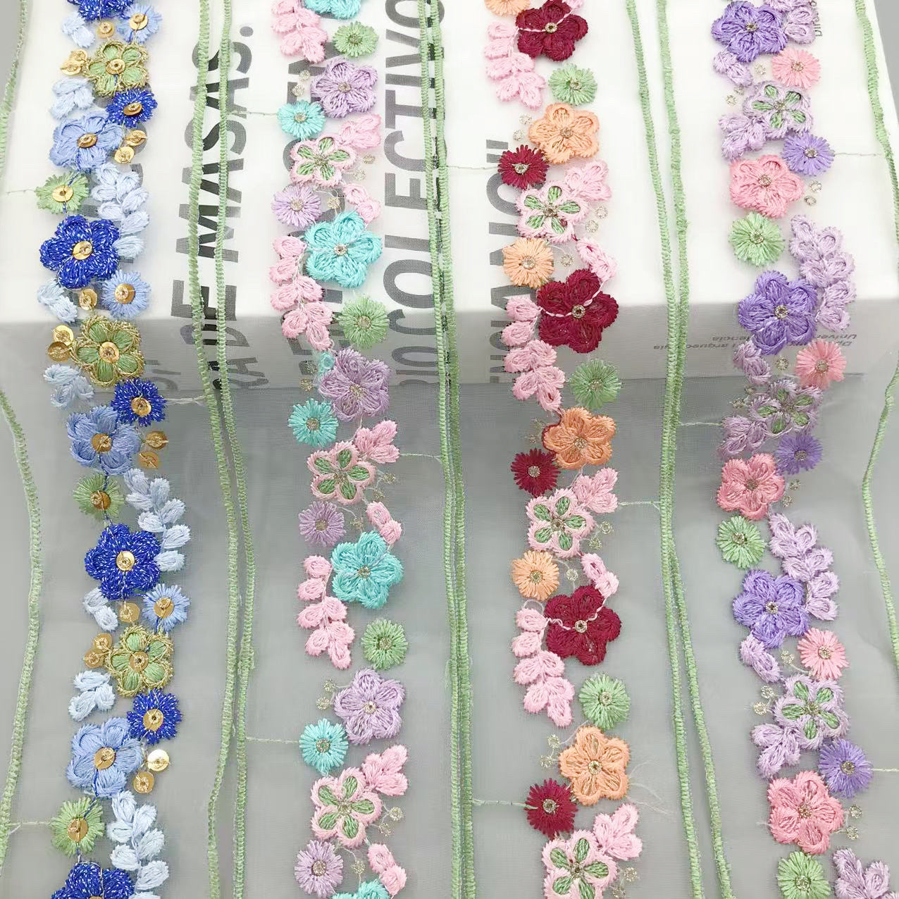 5cm Colorful Floral Sequin Organza Embroidered Lace Trim 10 Yards