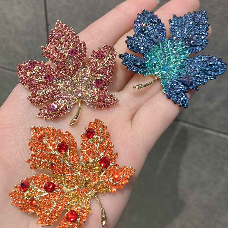 Blue Maple Leaf Brooch Diamond Accented Pin for Coats Suits