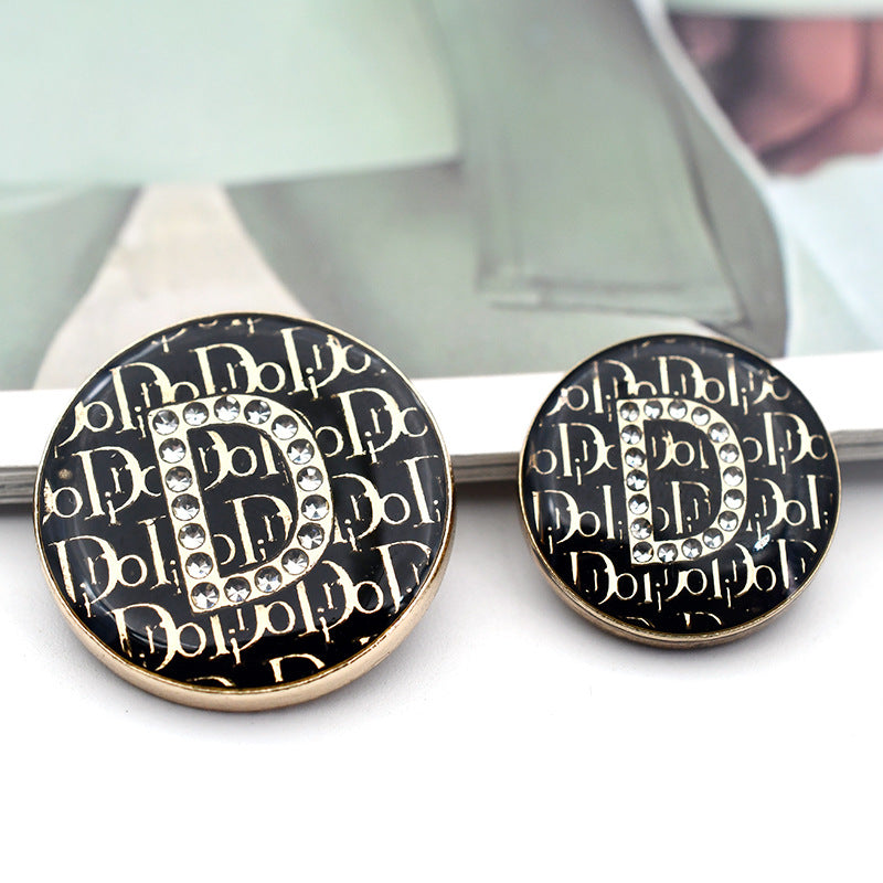 18/23mm Black Round BDMV Letter Rhinestone Metal Shank Buttons 12pcs