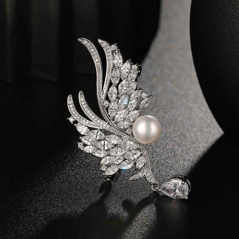 Natural Pearl Zircon Silver Wing Metal Brooch Pin