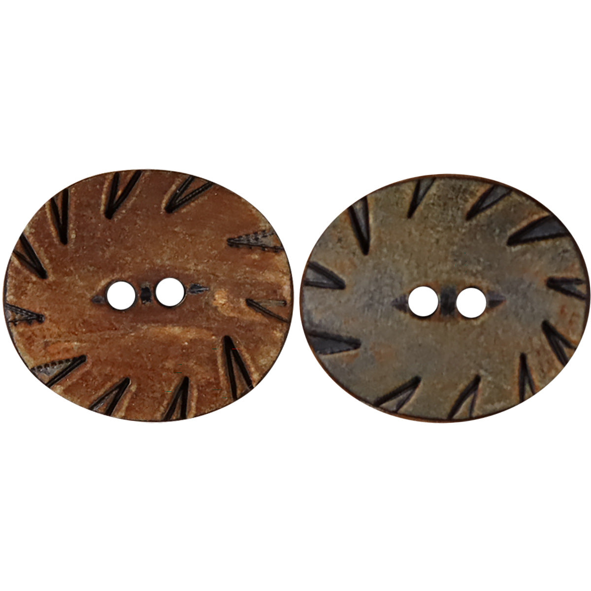 Oval two-hole horn buttons in brown and grey, carved radial pattern.
