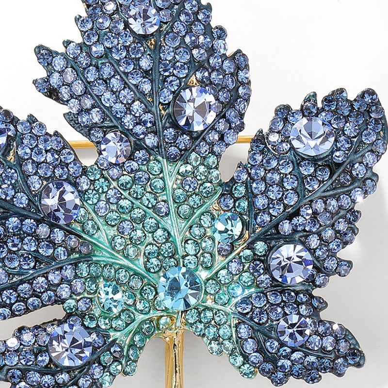 Blue Maple Leaf Brooch Diamond Accented Pin for Coats Suits