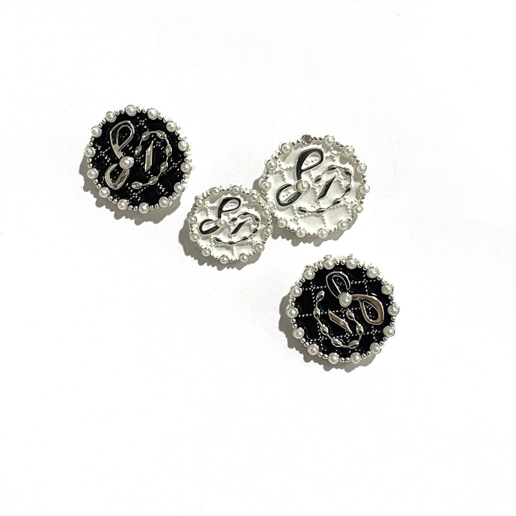 Silver Base White/Black Diamond-Check Pearl Metal Shank Buttons 48pcs