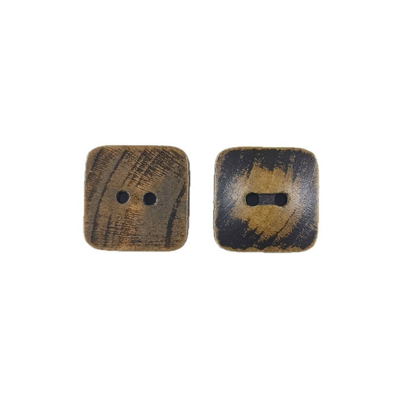 Square 2-hole wood button with distressed coffee-brown finish