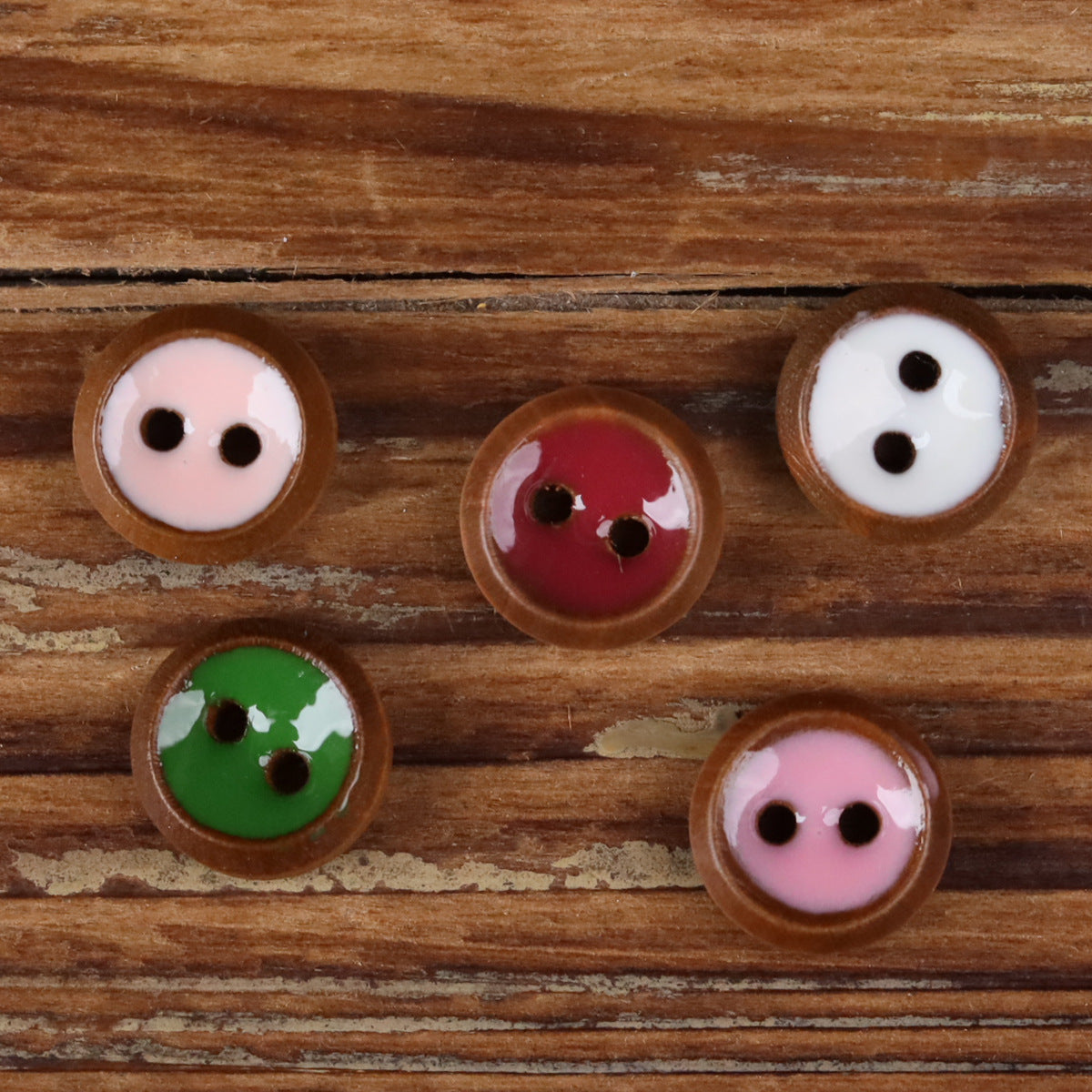 10mm Natural Wood Oil-Drop Round 2-Hole Shirt Buttons – Set of 50 | 5 Colors × 10pcs