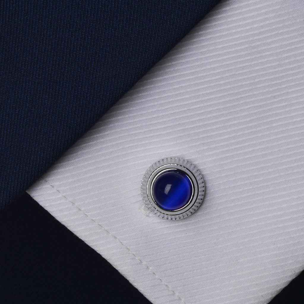 Blue Cat's Eye Stone Round Cufflinks for Men