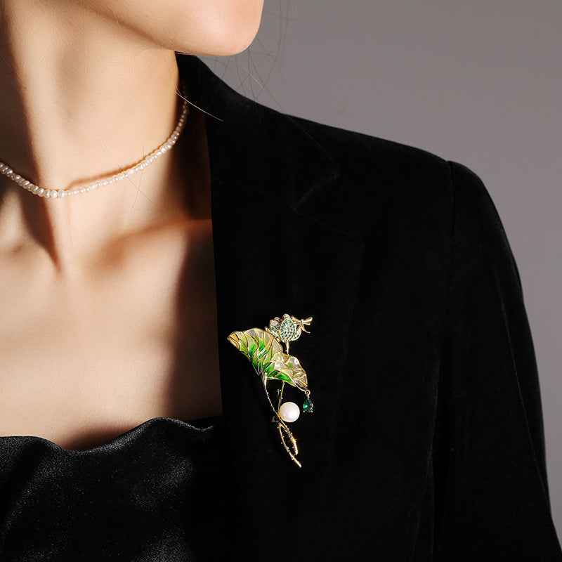 Light Green Enamel Lotus Leaf Pearl Waterdrop Zircon Brooch Pin