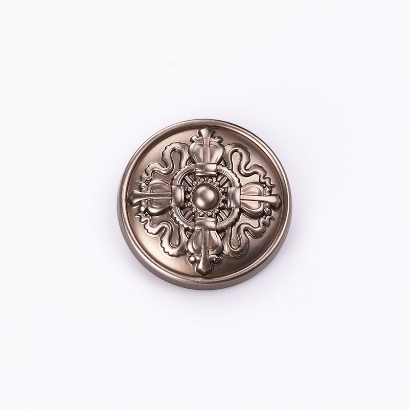 Tea-tone crown emblem round metal shank button, detailed filigree front