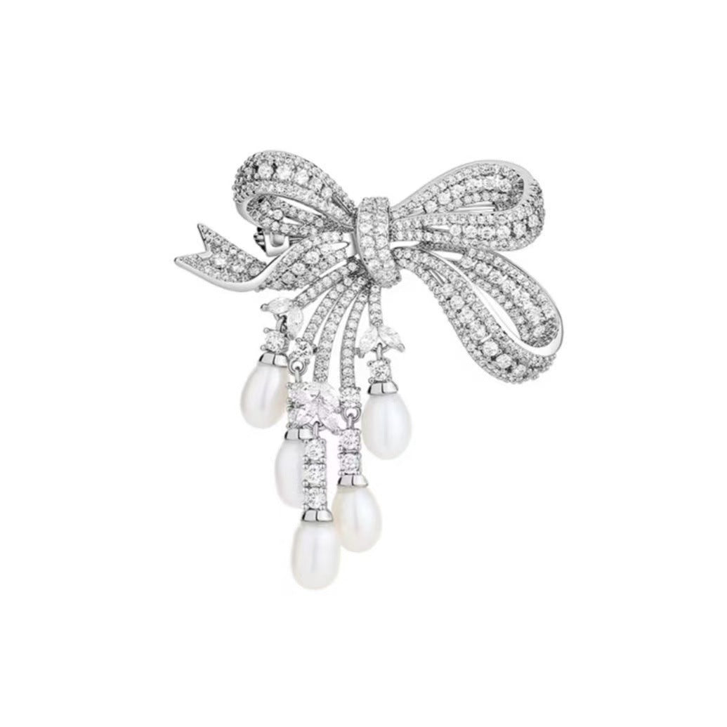 Pearl Tassel Bow Brooch Set of 2 – Gold & Silver Elegant Lapel Pins