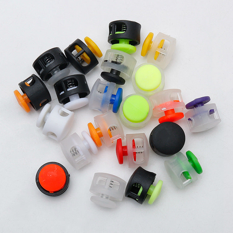 Plastic cord lock toggles, 17mm spring stopper assortment in black, white, neon colors